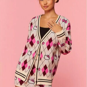 Hello Kitty‎ X Forever 21 Cardigan Size M Sanrio Argyle Long Sleeve White Twee